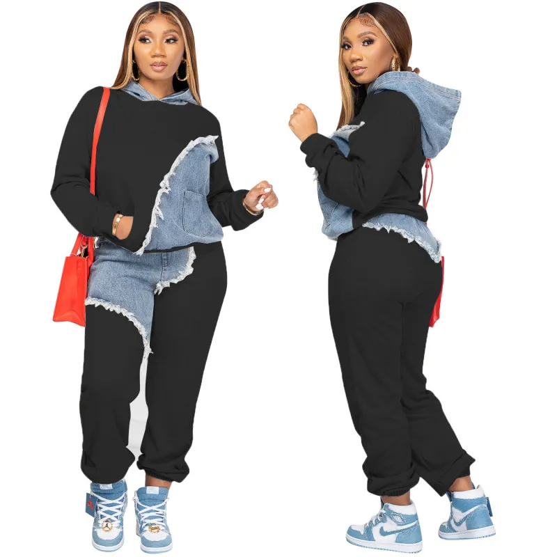 Women Fashion Casual Denim Patchwork Hoodie Pants Two-Piece Set - Image 2