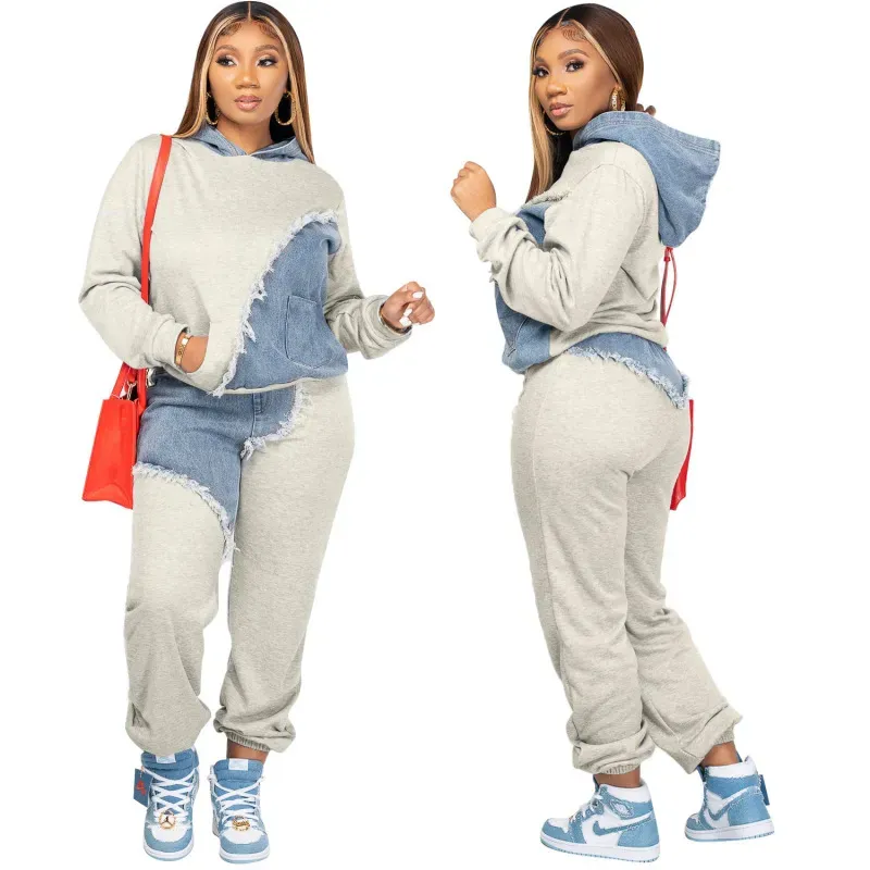Women Fashion Casual Denim Patchwork Hoodie Pants Two-Piece Set - Image 3