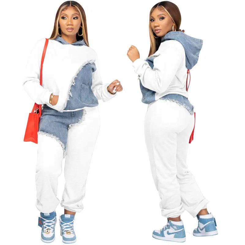 Women Fashion Casual Denim Patchwork Hoodie Pants Two-Piece Set - Image 4