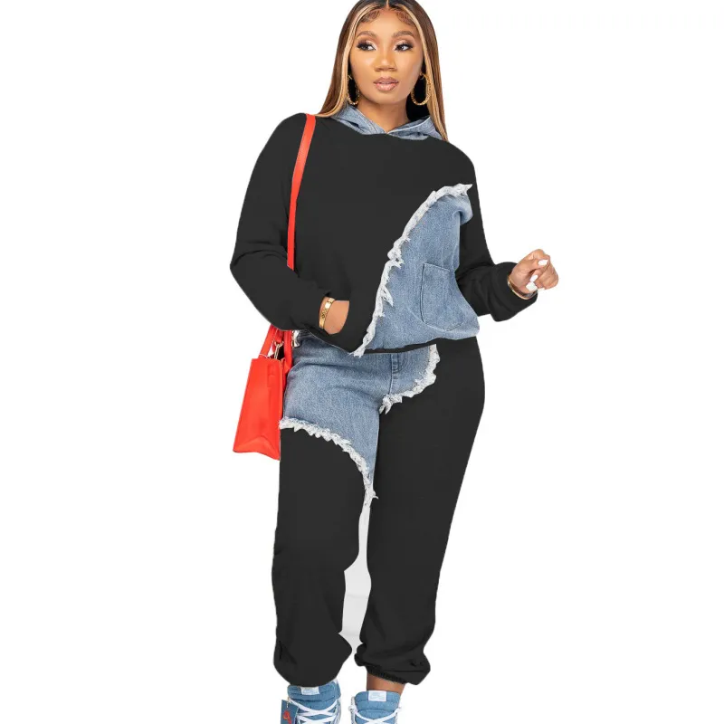 Women Fashion Casual Denim Patchwork Hoodie Pants Two-Piece Set - Image 5