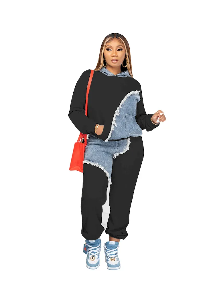 Women Fashion Casual Denim Patchwork Hoodie Pants Two-Piece Set - Image 7