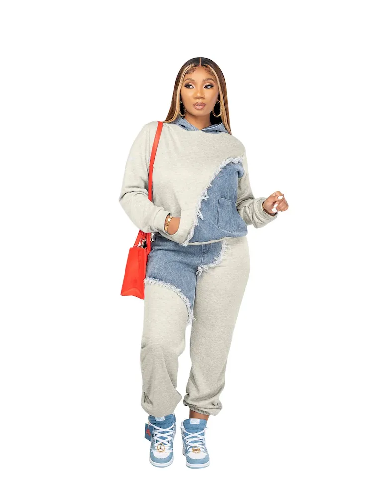 Women Fashion Casual Denim Patchwork Hoodie Pants Two-Piece Set - Image 8
