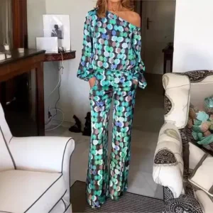 Women Fashion Dot Print Oblique Shoulder Long Sleeve Top Pants Two-Piece Set