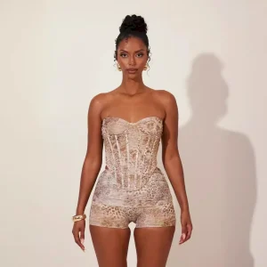 Summer Women Fashion Sexy Animal Print Belted Tube Top Shorts Two-Piece Set