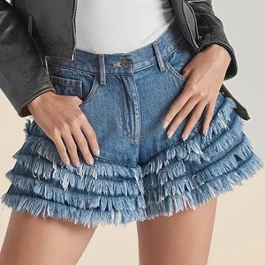 Women Fashion Wood-Ear Stitching High Waist Denim Shorts