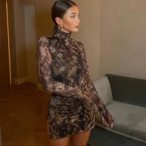 Women Fashion Sexy Printed Half High Collar Long Sleeve Split Mini Dress