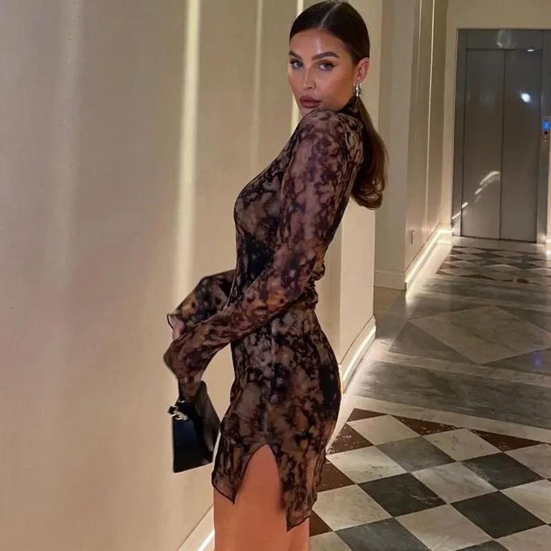 Women Fashion Sexy Printed Half High Collar Long Sleeve Split Mini Dress - Image 4