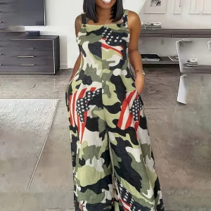 Women Fashion Casual Plus Size Digital Printing Flag Element Sleeveless Jumpsuit