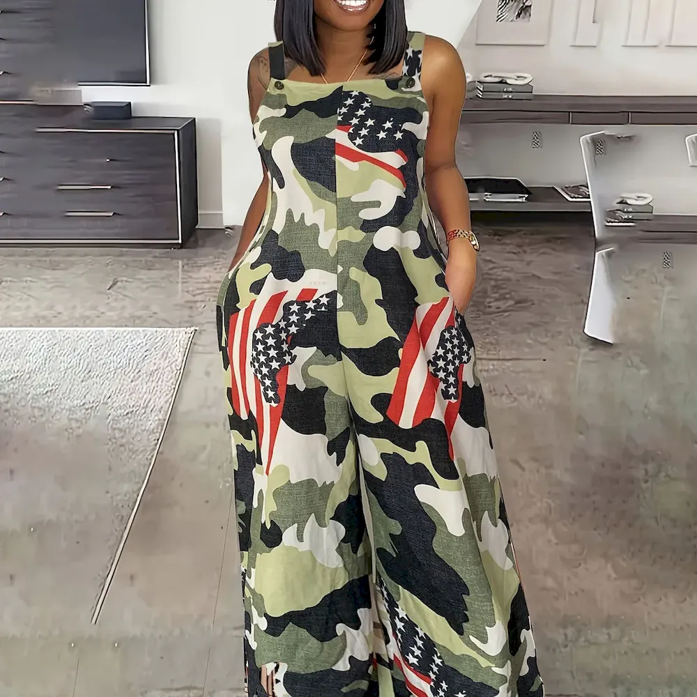 Women Fashion Casual Plus Size Digital Printing Flag Element Sleeveless Jumpsuit