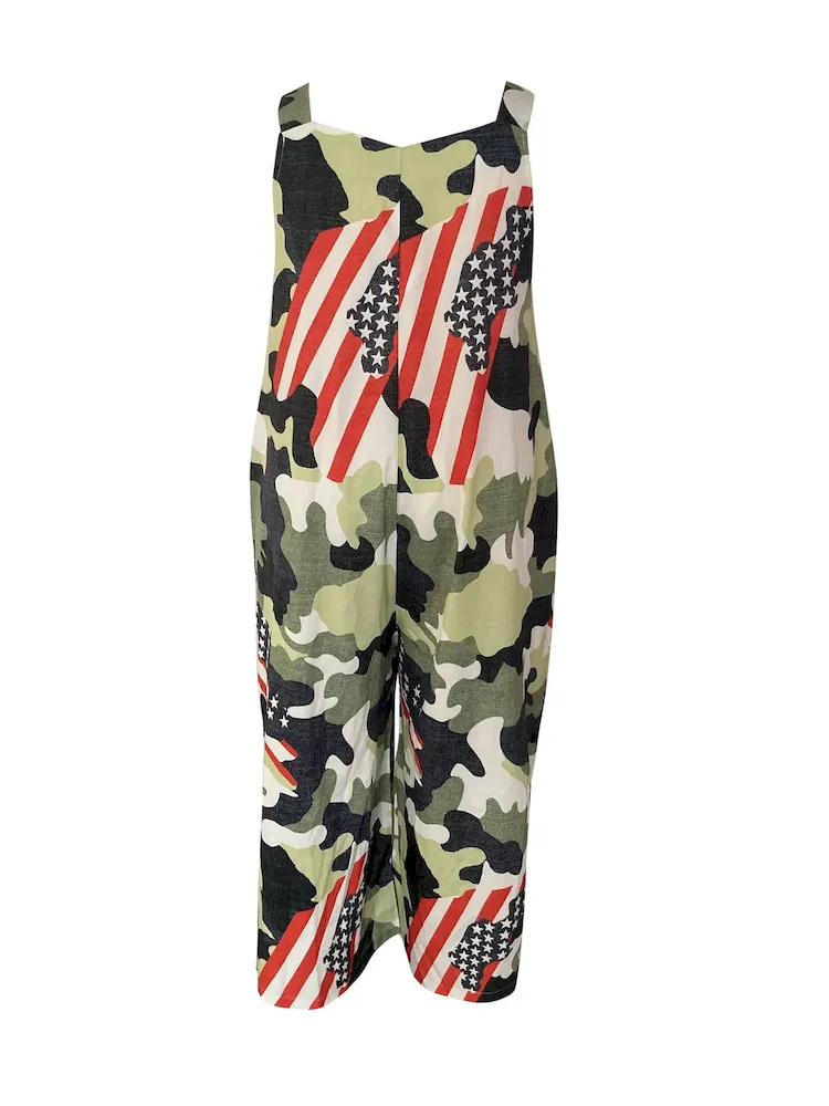 Women Fashion Casual Plus Size Digital Printing Flag Element Sleeveless Jumpsuit - Image 3