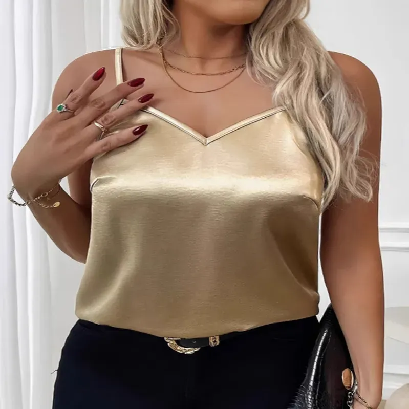Women Fashion Sexy Solid Color Satin Plus Size V-Neck Camisole Top