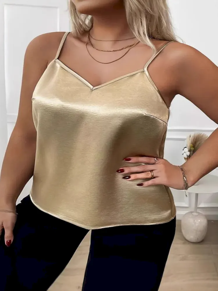 Women Fashion Sexy Solid Color Satin Plus Size V-Neck Camisole Top - Image 2
