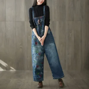 Women Fashion Patchwork Floral Printed Wide-Leg Denim Jumpsuit