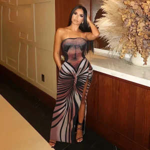 Women Fashion Sexy Printed Tube Backless Split Dress