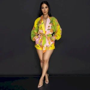 Women Fashion Casual Linen Floral Printed Lapel Pocket Long-Sleeve Lace-Up Rompers