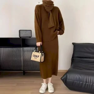 Women Fashion Casual Solid Color Knitted Scarf Long-Sleeve Sweater Loose Skirt Three-Piece Set