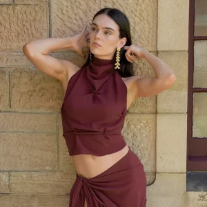 Women Fashion Sexy Solid Color Pleated Sleeveless Halter-Neck Lace-Up Backless Crop Top