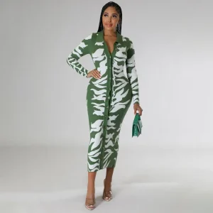 Women Fashion Casual Printed Lapel Long Sleeve Single Breasted Dress