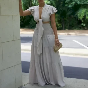 Women Fashion Sexy Solid Color Short-Sleeve Lace-Up Crop Top Wide-Leg Pants Two-Piece Set