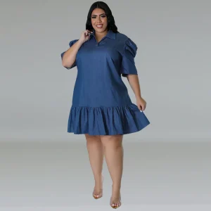 Women Fashion Casual Plus Size Lapel Short Sleeve Pleated Denim Dress