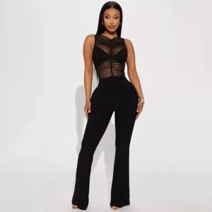 Women Sexy Perspective Mesh Stitching Sleeveless Slim-Fit Jumpsuits