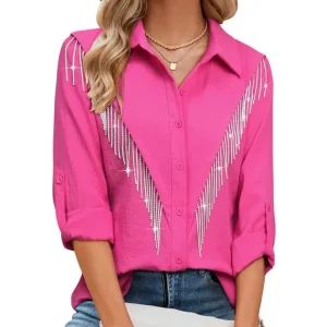 Women Fashion Casual Rhinestone Tassel Lapel Long Sleeve Blouse